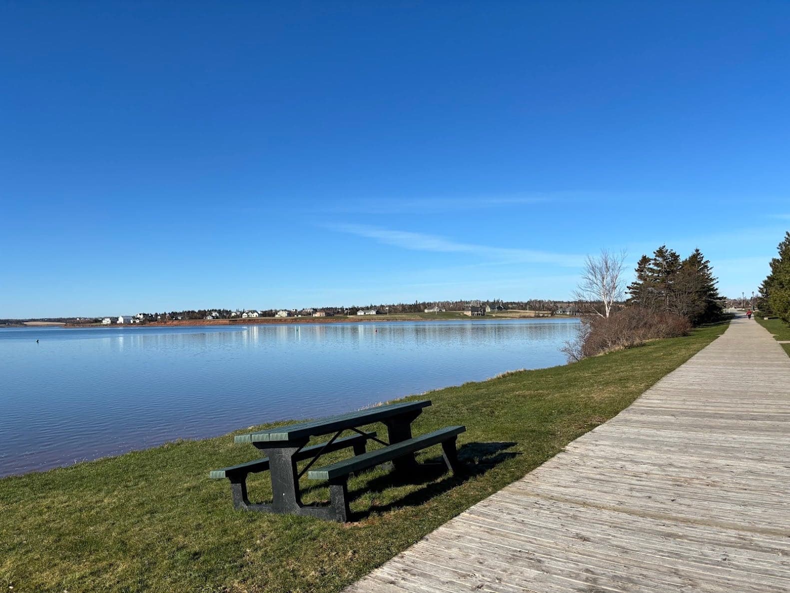 The North Rustico boardwalk beside the harbour, looking toward the community