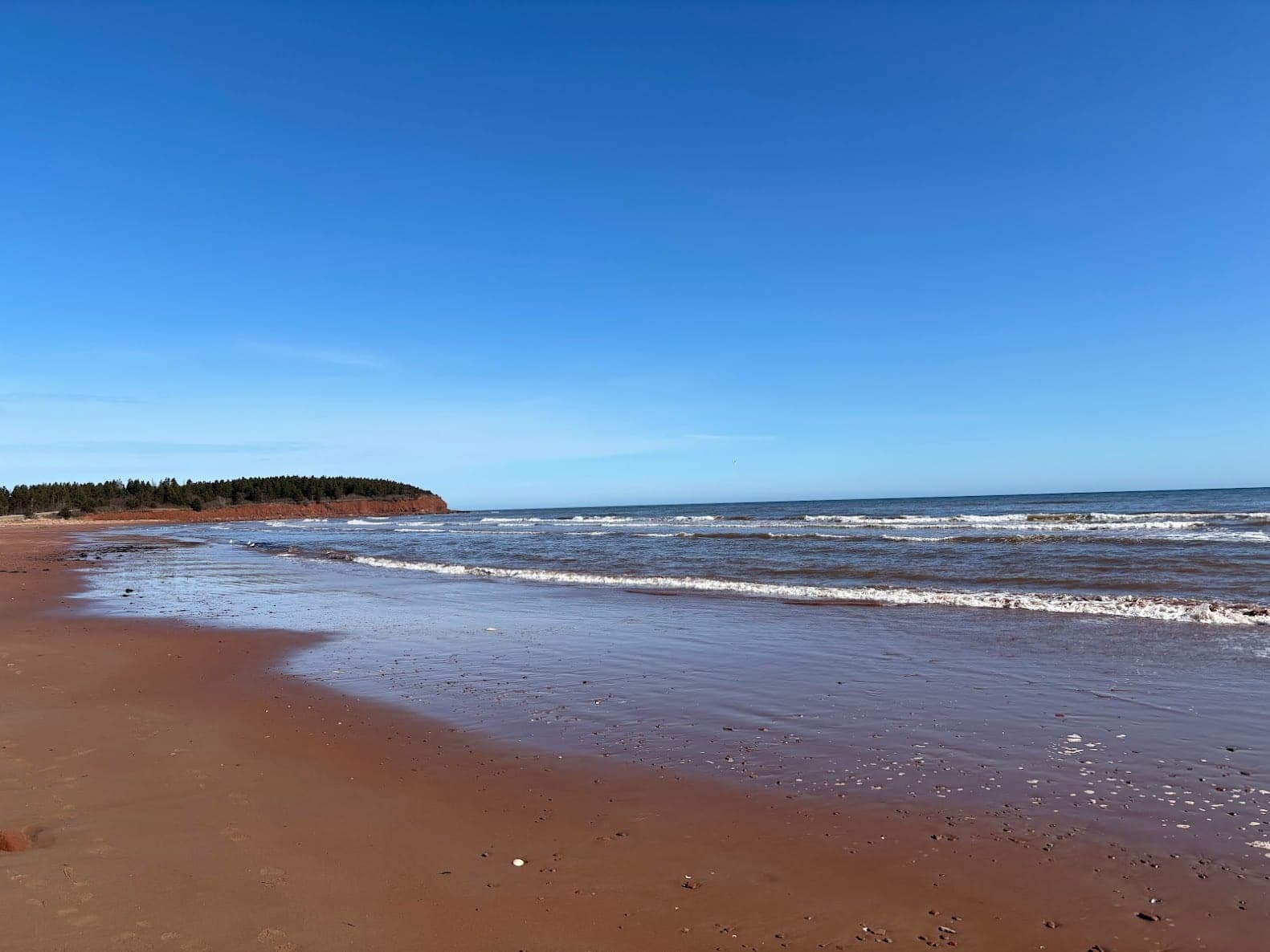 Red sand beach, ocean, and bluff near North Rustico